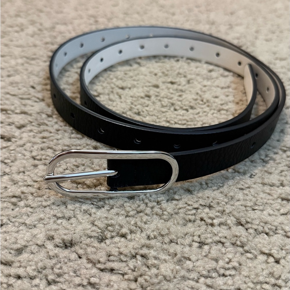 Classic Black Skinny Leather Belt with Silver Buckle